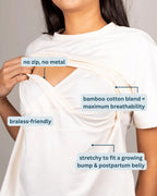 A woman wearing a white maternity braless top with text callouts highlighting features like 'no zip, no metal', 'bamboo cotton blend = maximum breathability', 'braless-friendly', and 'stretchy to fit a growing bump & postpartum belly'.